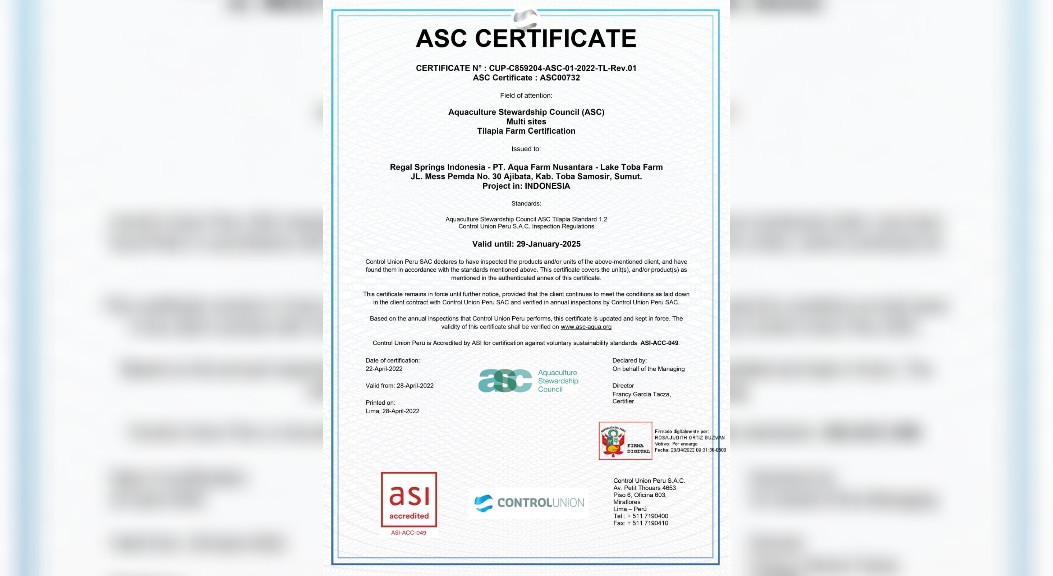 RSI Merupakan Pembudi Daya Ikan Tilapia di Danau Toba yang Pertama Mendapat Sertifikat ASC di Dunia