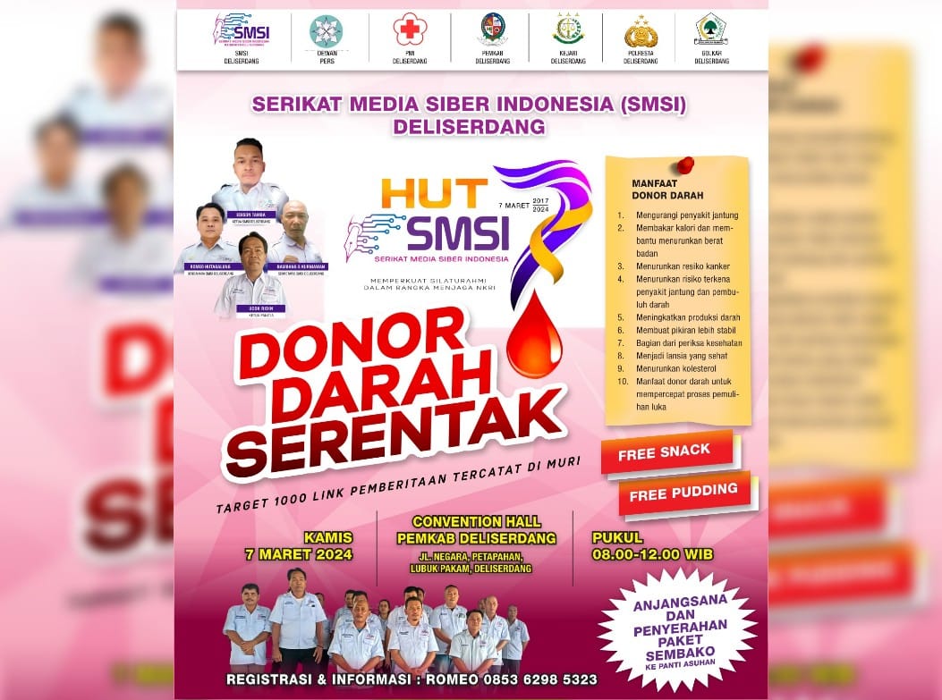 Sambut HUT ke-7 SMSI, Pengurus Deli Serdang akan Gelar Donor Darah dan Baksos
