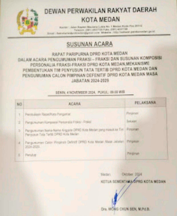 Rapat Paripurna Untuk Fraksi dan Pimpinan Defenitif DPRD Medan 2024-2029 Digelar