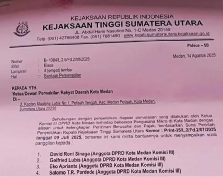 Kejatisu Benarkan Panggil Ke-4 Anggota DPRD Medan, Wong Belum Terima Surat Dan Salomo Siap Penuhi Panggilan