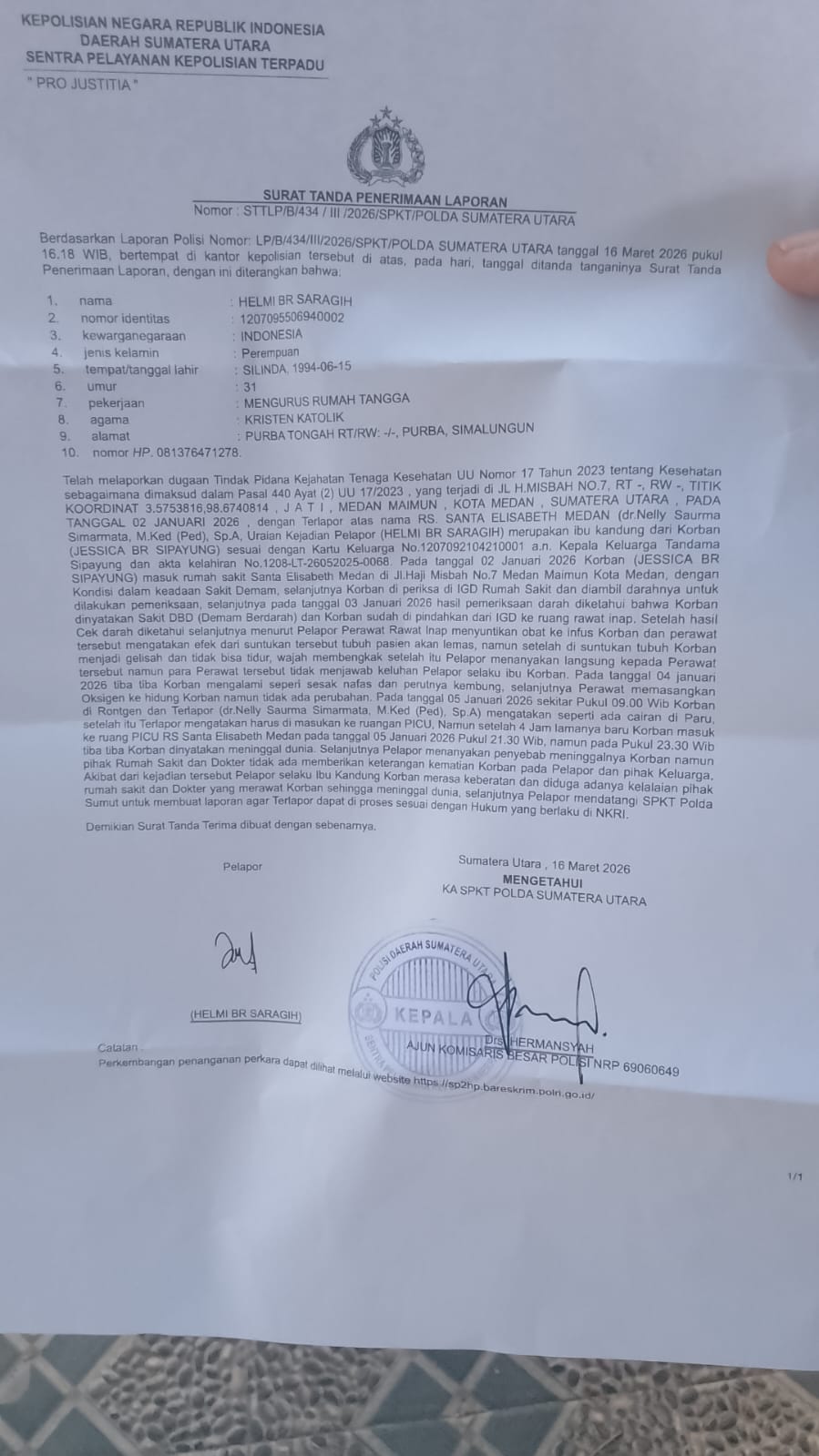 Keluarga Balita Jesica Sipayung Penuhi Undangan Klarifikasi Polda Sumut Terkait Dugaan Kelalaian Medis di RS Santa Elisabeth 2 Keluarga Balita Jesica Sipayung Penuhi Undangan Klarifikasi Polda Sumut Terkait Dugaan Kelalaian Medis di RS Santa Elisabeth