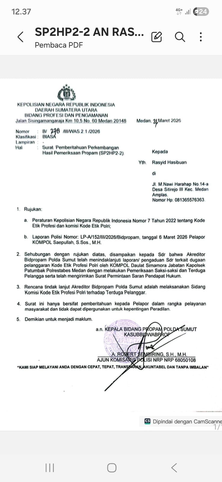 Sidang Kode Etik Kapolsek Patumbak Kompol Daulat Simamora Lamban