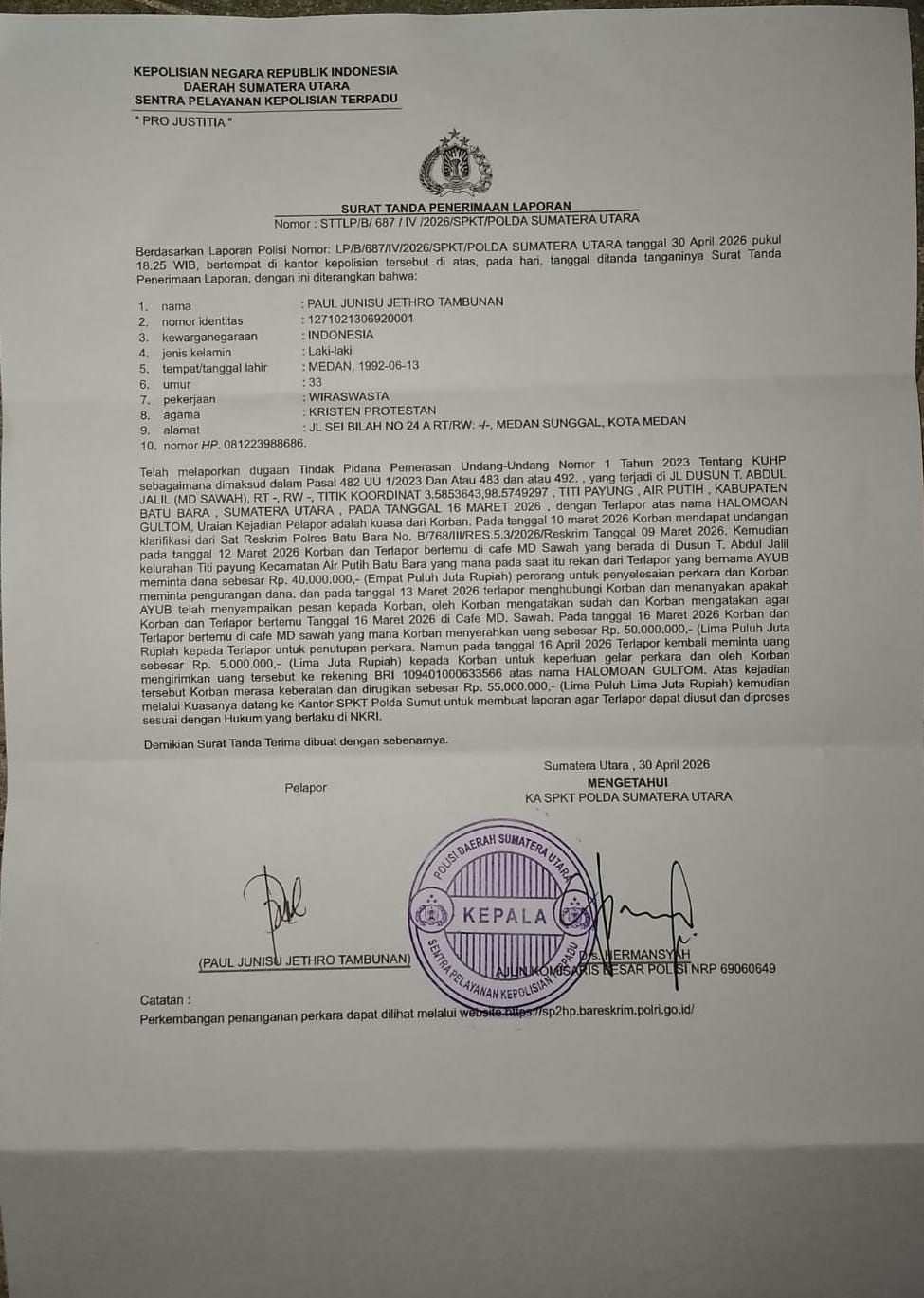 Diduga Peras Dua Dokter Spesialis di Batubara, Oknum Polisi Aipda HG Dilaporkan ke Polda Sumut